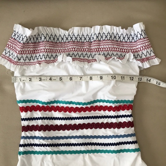 Red Carter Smocked Off the Shoulder Swimsuit - Picture 4 of 9